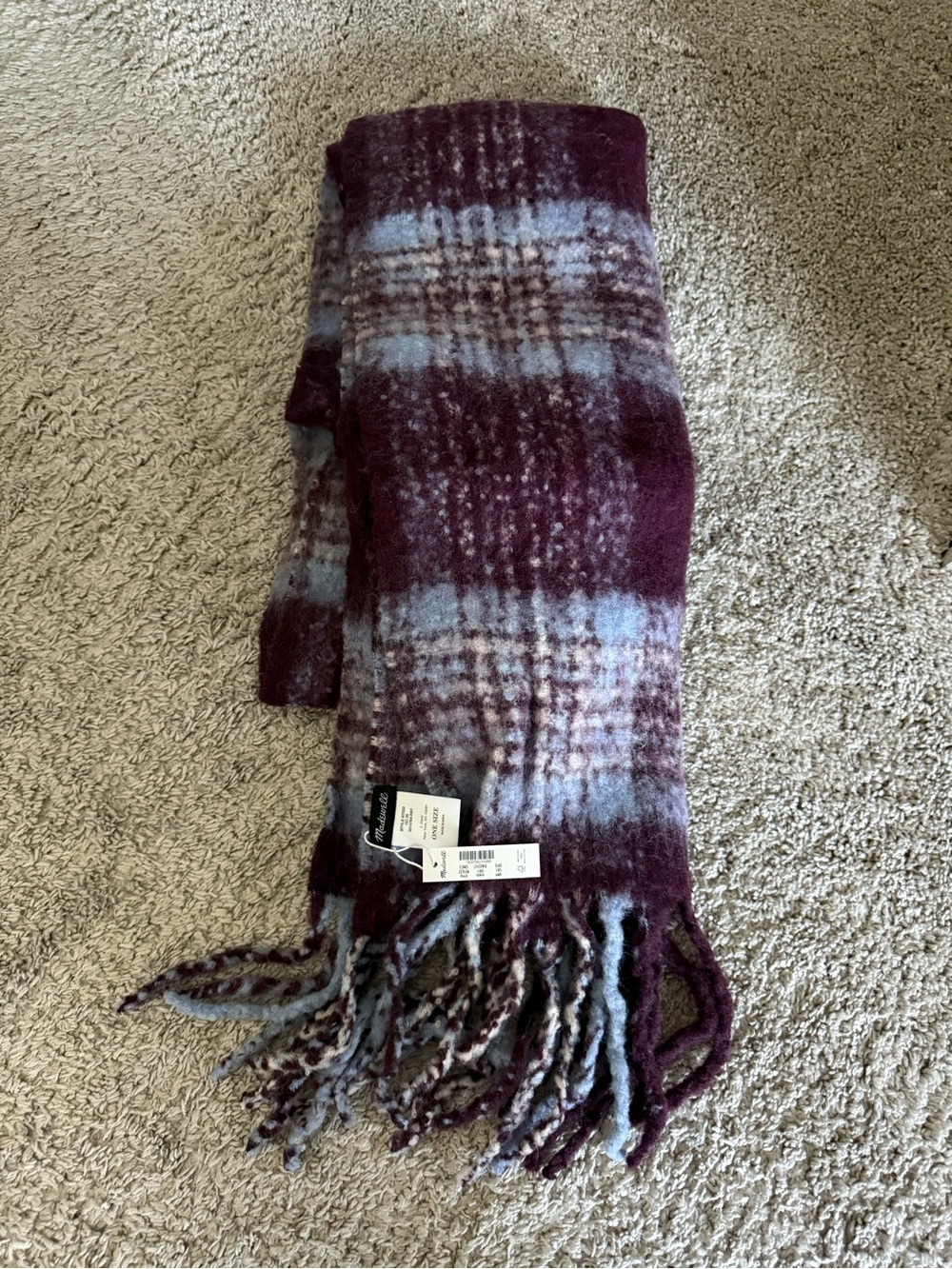 Madewell Plaid Fringe Scarf in Burgundy and Light Blue